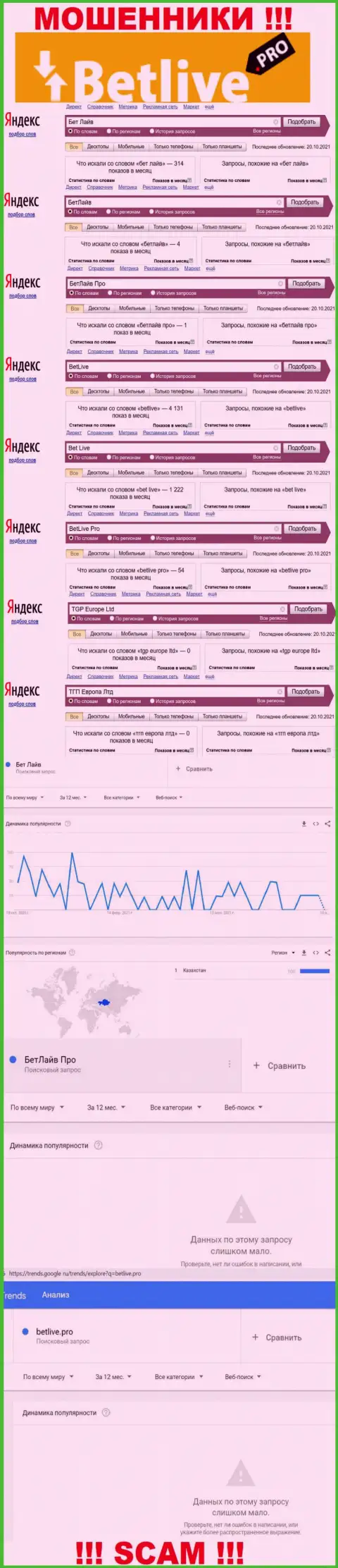 Статистические данные о запросах в поисковиках сети internet сведений о компании BetLive