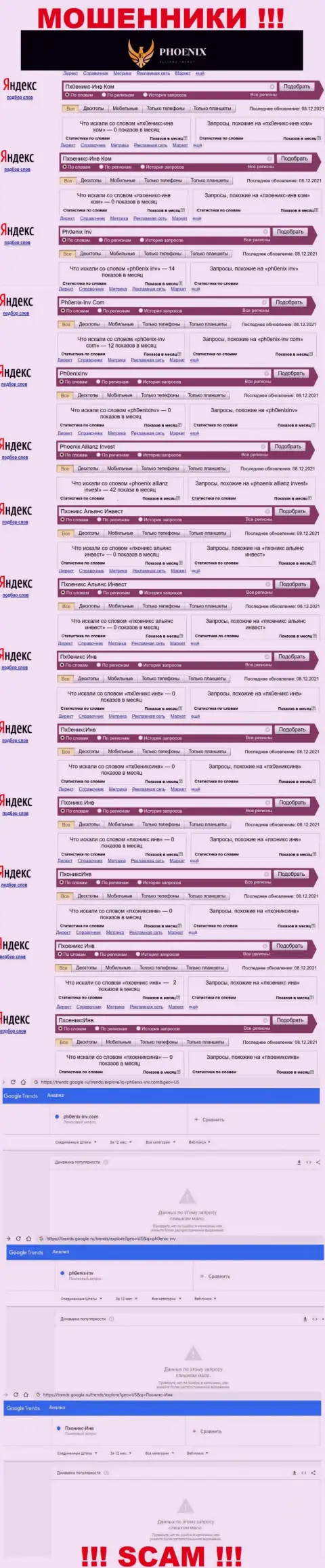 Скриншот результатов запросов по незаконно действующей конторе Пх0еникс-Инв Ком