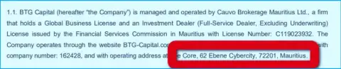 Адрес брокерской организации Cauvo Brokerage Mauritius Ltd