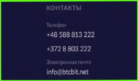 Номера телефонов и Е-mail online обменника BTCBit Sp. z.o.o.