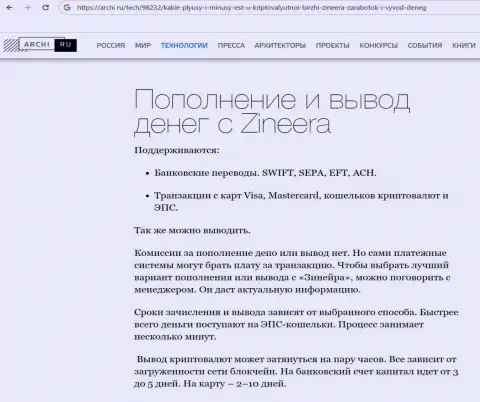 О разнообразии вариантов вывода средств в биржевой организации Зиннейра Эксчендж идёт речь в информационном материале на веб-сайте archi ru