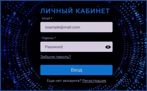 Личный аккаунт для входа на интернет-ресурс криптовалютной дилинговой организации Zinnera